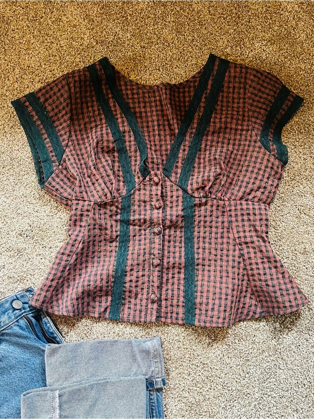 Checked Rust Brown Button-Front Women's Blouse with Black Trim